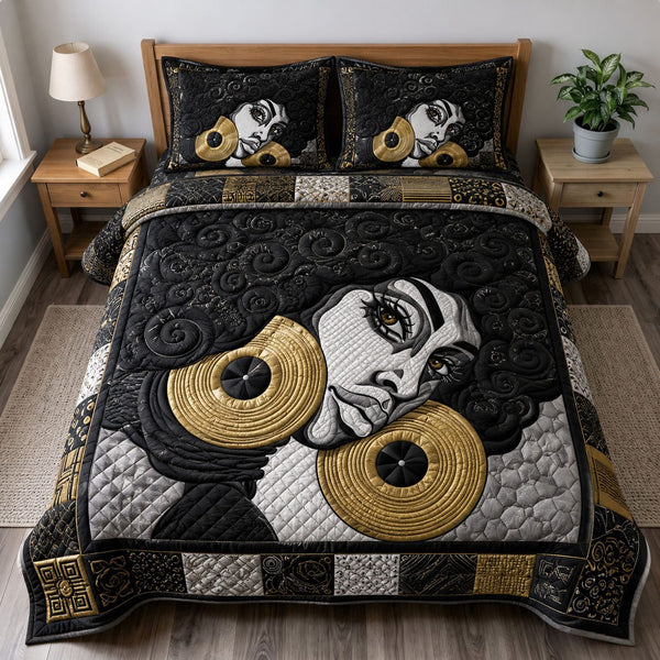 Monochrome Ebony And Gold Elegance Black Queen quilted 3-piece bedding set on a made bed with two matching pillow shams