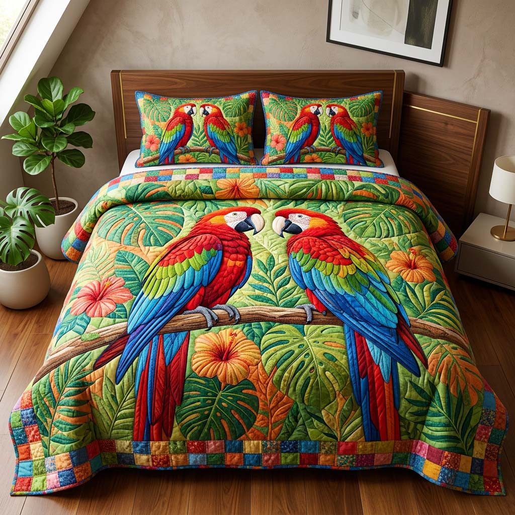 Monstera Parrot quilted 3-piece bedding set on a made bed with two matching pillow shams