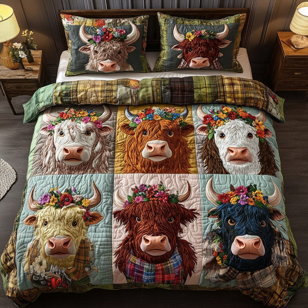Moo Bliss quilted 3-piece bedding set on a made bed with two matching pillow shams