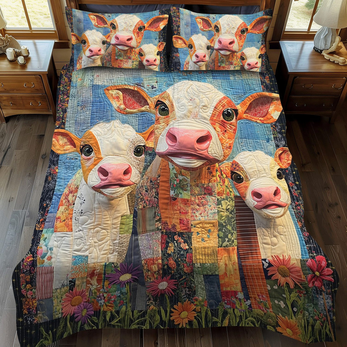 Moo Crew quilted 3-piece bedding set on a made bed with two matching pillow shams