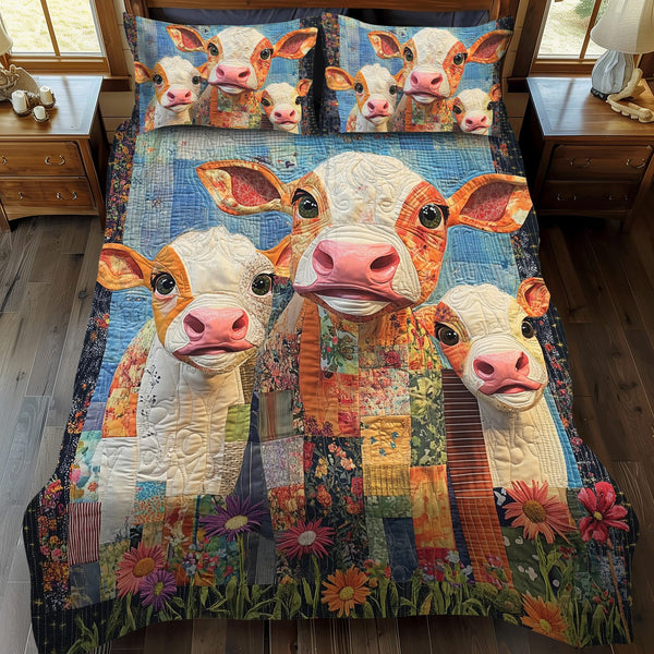 Moo Crew quilted 3-piece bedding set on a made bed with two matching pillow shams