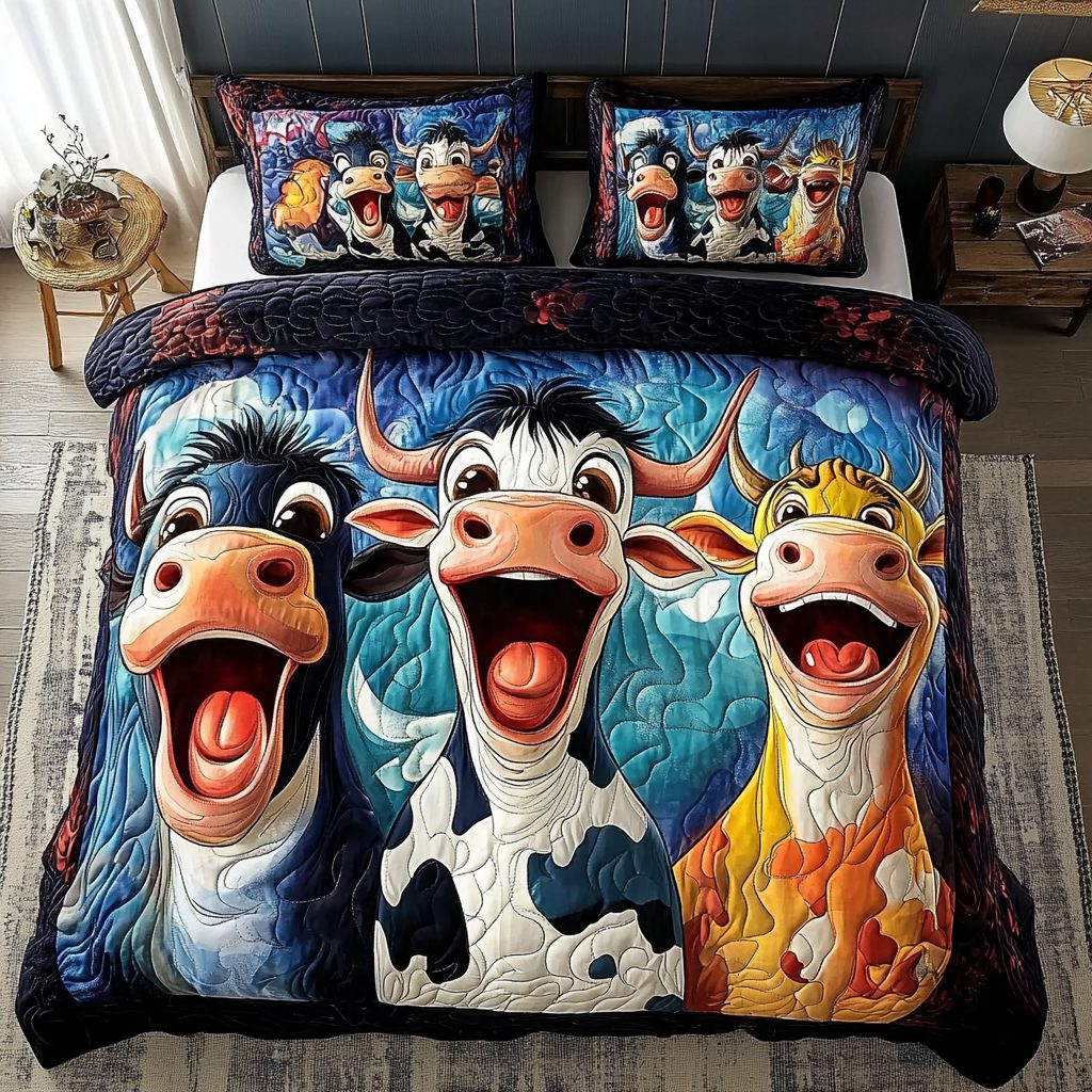 Moo Friends quilted 3-piece bedding set on a made bed with two matching pillow shams