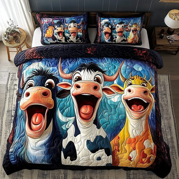 Moo Friends quilted 3-piece bedding set on a made bed with two matching pillow shams