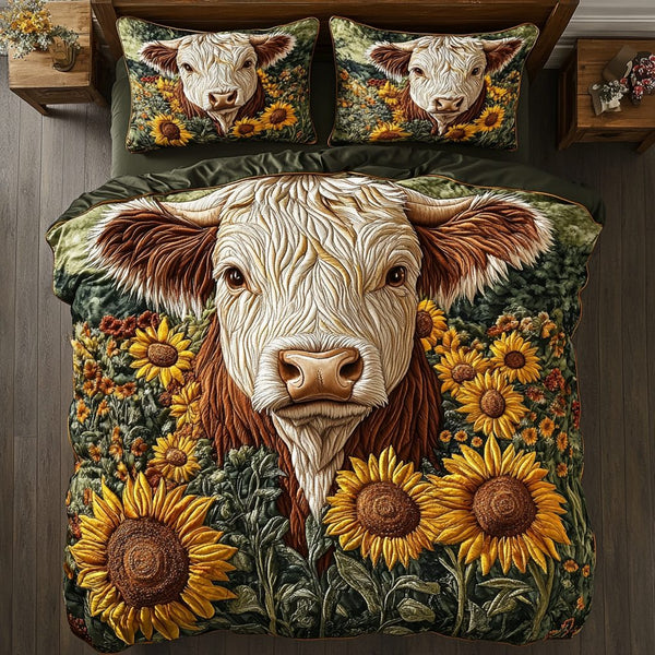 Moo Meadow quilted 3-piece bedding set on a made bed with two matching pillow shams