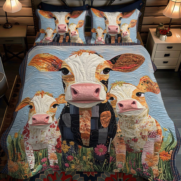 Moo Meadows quilted 3-piece bedding set on a made bed with two matching pillow shams