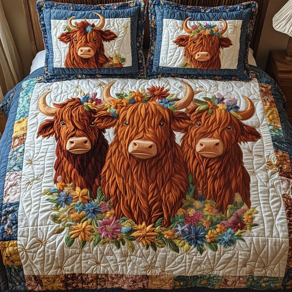 Moo Meadows quilted 3-piece bedding set on a made bed with two matching pillow shams