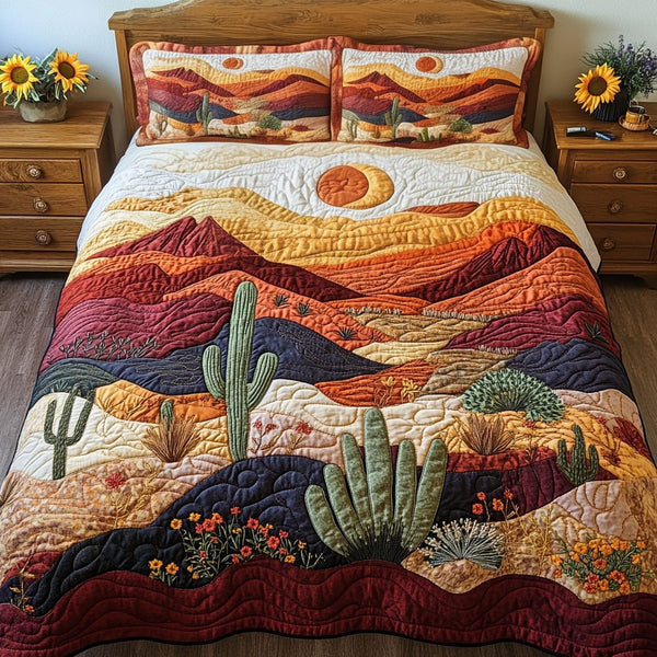 Moon Cactus quilted 3-piece bedding set on a made bed with two matching pillow shams