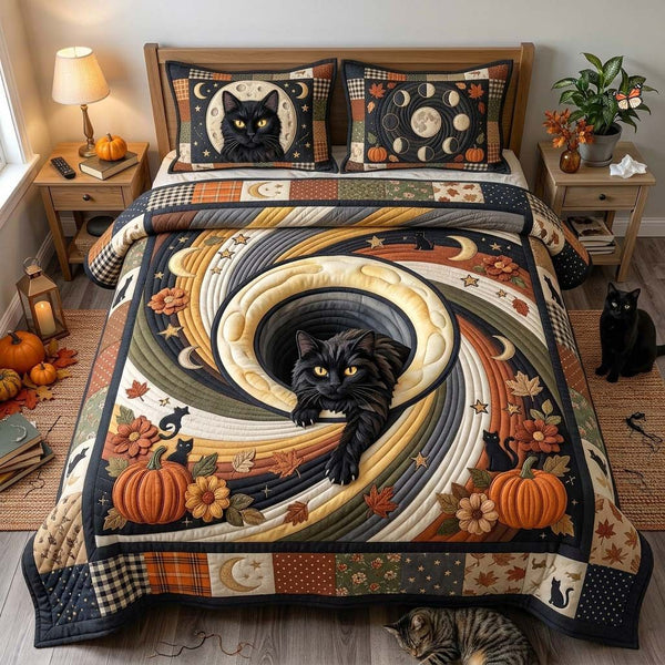 Moon Cat Spiral quilted 3-piece bedding set on a made bed with two matching pillow shams