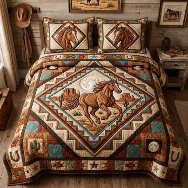 Moon Diamond Horse quilted 3-piece bedding set on a made bed in a rustic timber bedroom