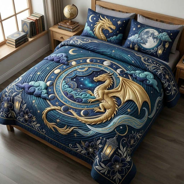 Moon Dragon quilted 3-piece bedding set on a made bed with two matching pillow shams