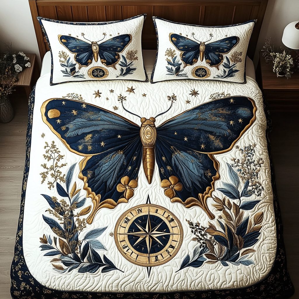 Moon Dust quilted 3-piece bedding set on a made bed with two matching pillow shams