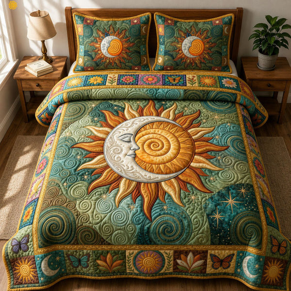 Moon Embracing The Sun quilted 3-piece bedding set on a made bed with two matching pillow shams