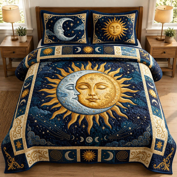 Moon Embracing The Sun quilted 3-piece bedding set on a made bed with two matching pillow shams
