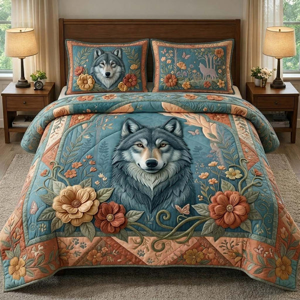 Moon Howl quilted 3-piece bedding set on a made bed with two matching pillow shams
