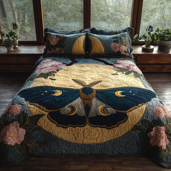 Moon Moth quilted 3-piece bedding set on a made bed with two matching pillow shams