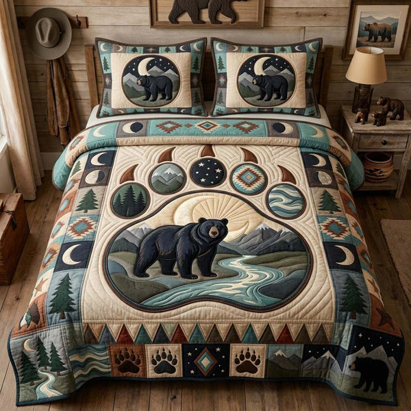 Moon River Bear quilted 3-piece bedding set on a made bed with two matching pillow shams