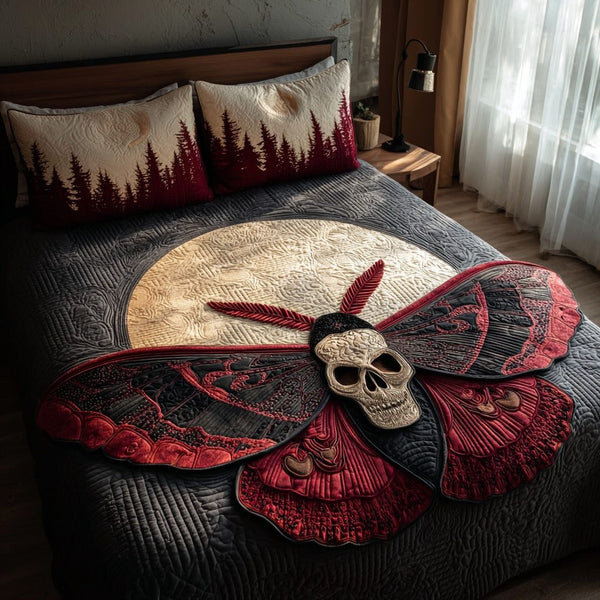 Moon Skull quilted 3-piece bedding set on a made bed against a dark styled interior