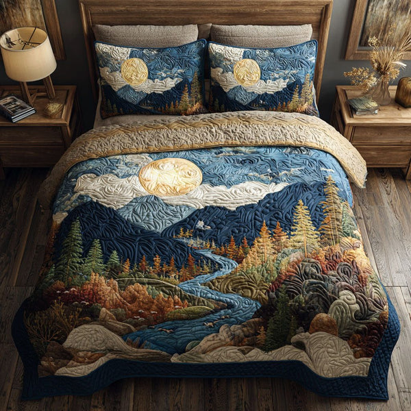 Moon Valley quilted 3-piece bedding set on a made bed with two matching pillow shams