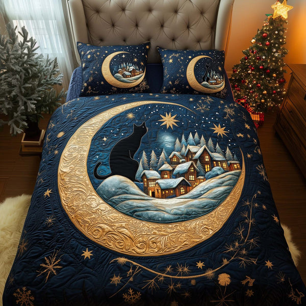 Moon Village quilted 3-piece bedding set on a made bed with two matching pillow shams