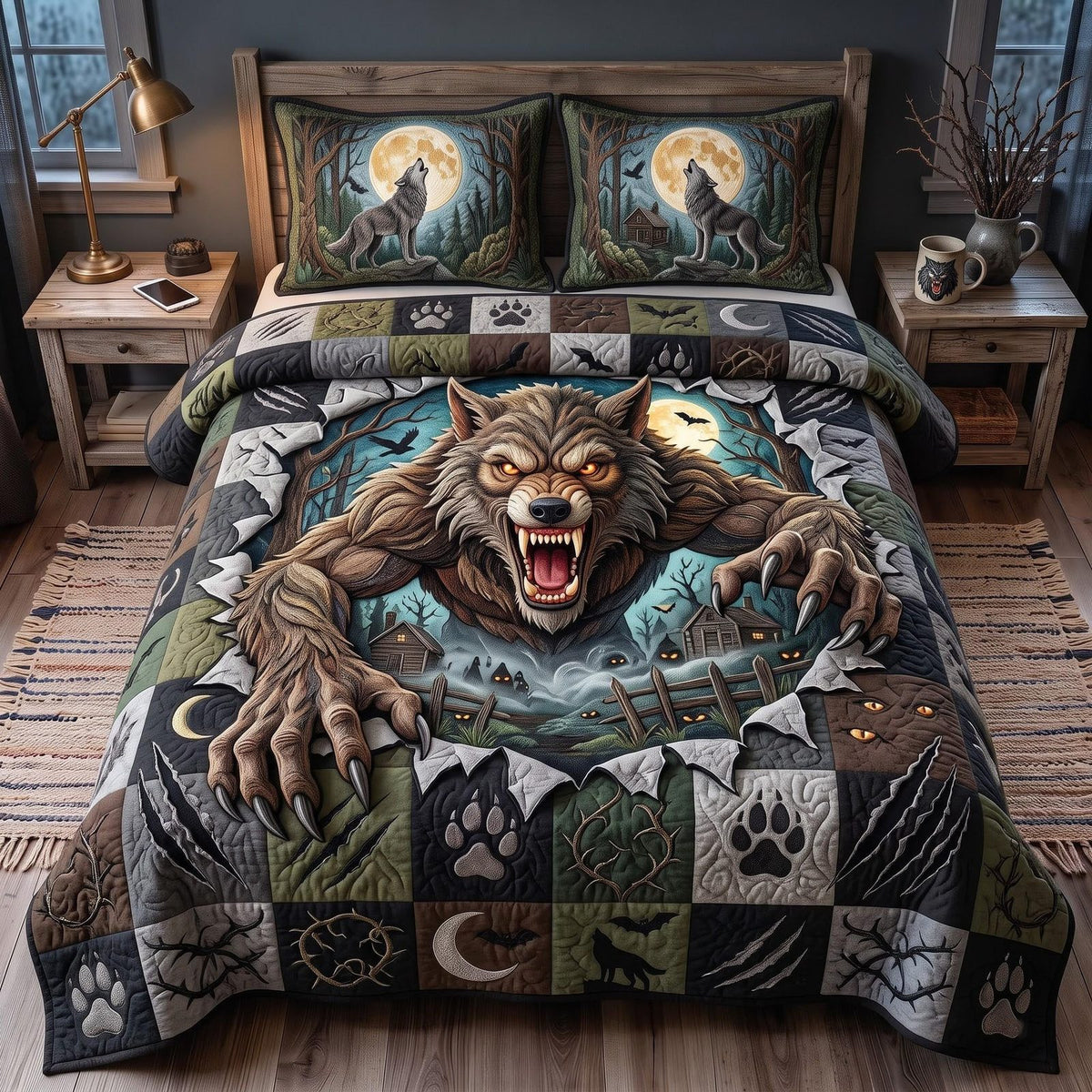Moon Wolf quilted 3-piece bedding set on a made bed with two matching pillow shams
