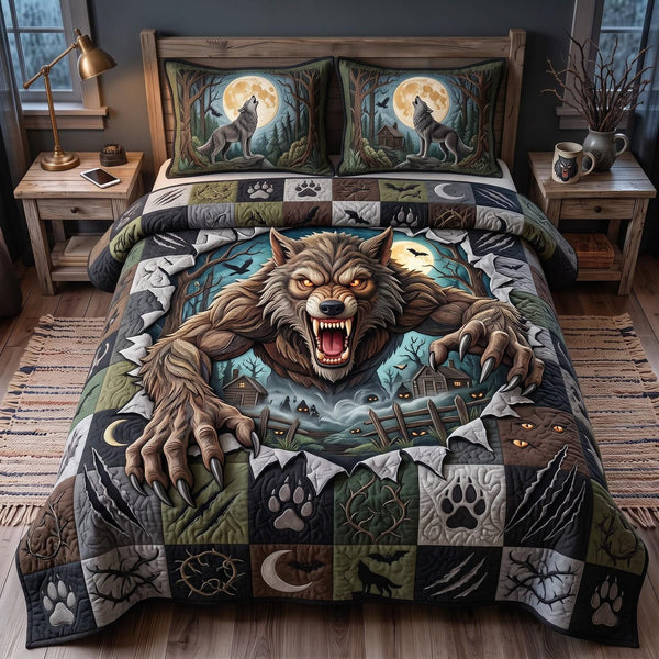 Moon Wolf quilted 3-piece bedding set on a made bed with two matching pillow shams