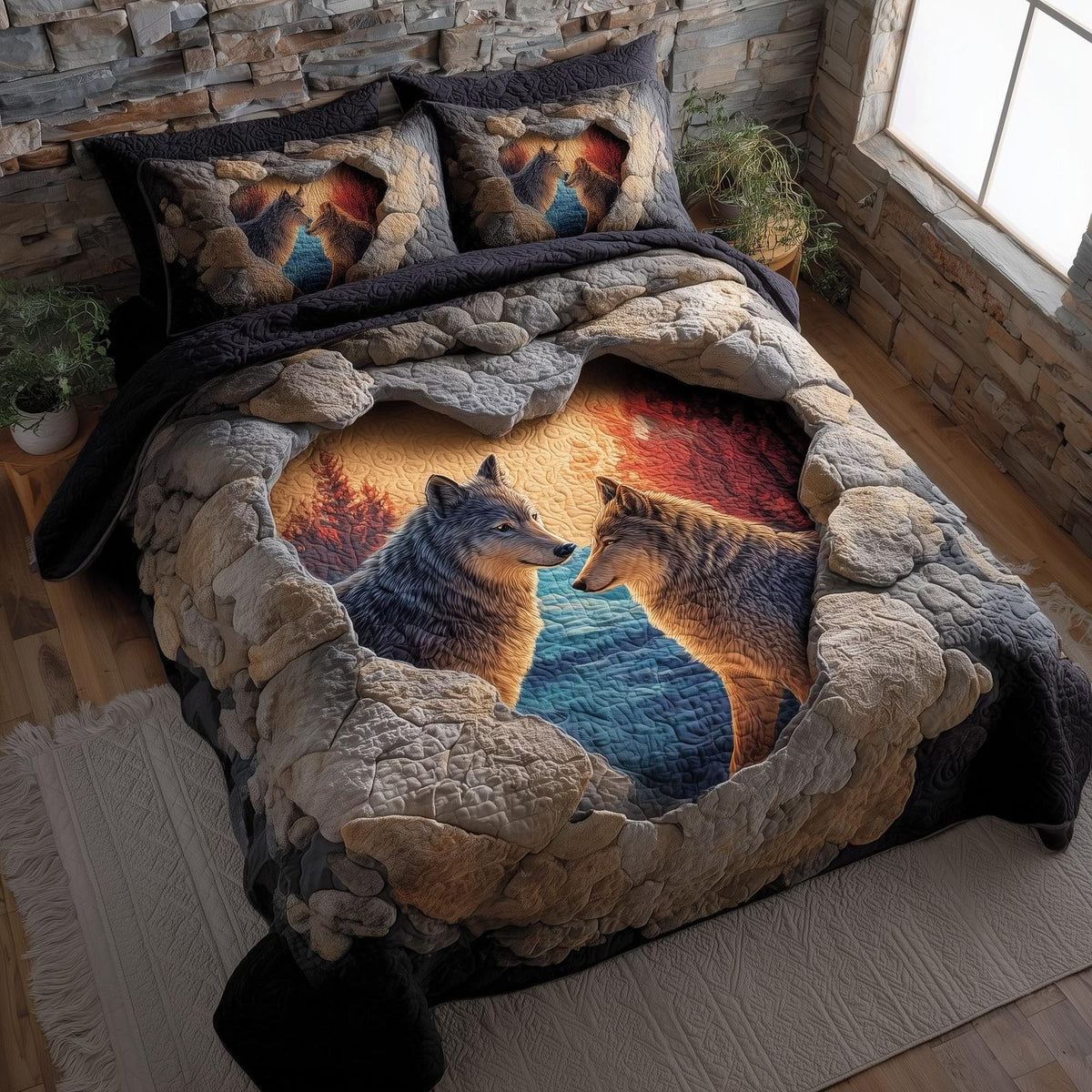 Moonbound Mates quilted 3-piece bedding set on a made bed with two matching pillow shams