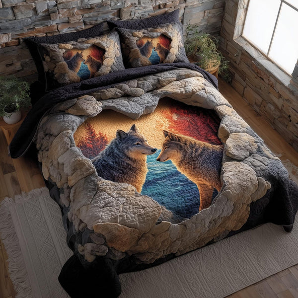Moonbound Mates quilted 3-piece bedding set on a made bed with two matching pillow shams
