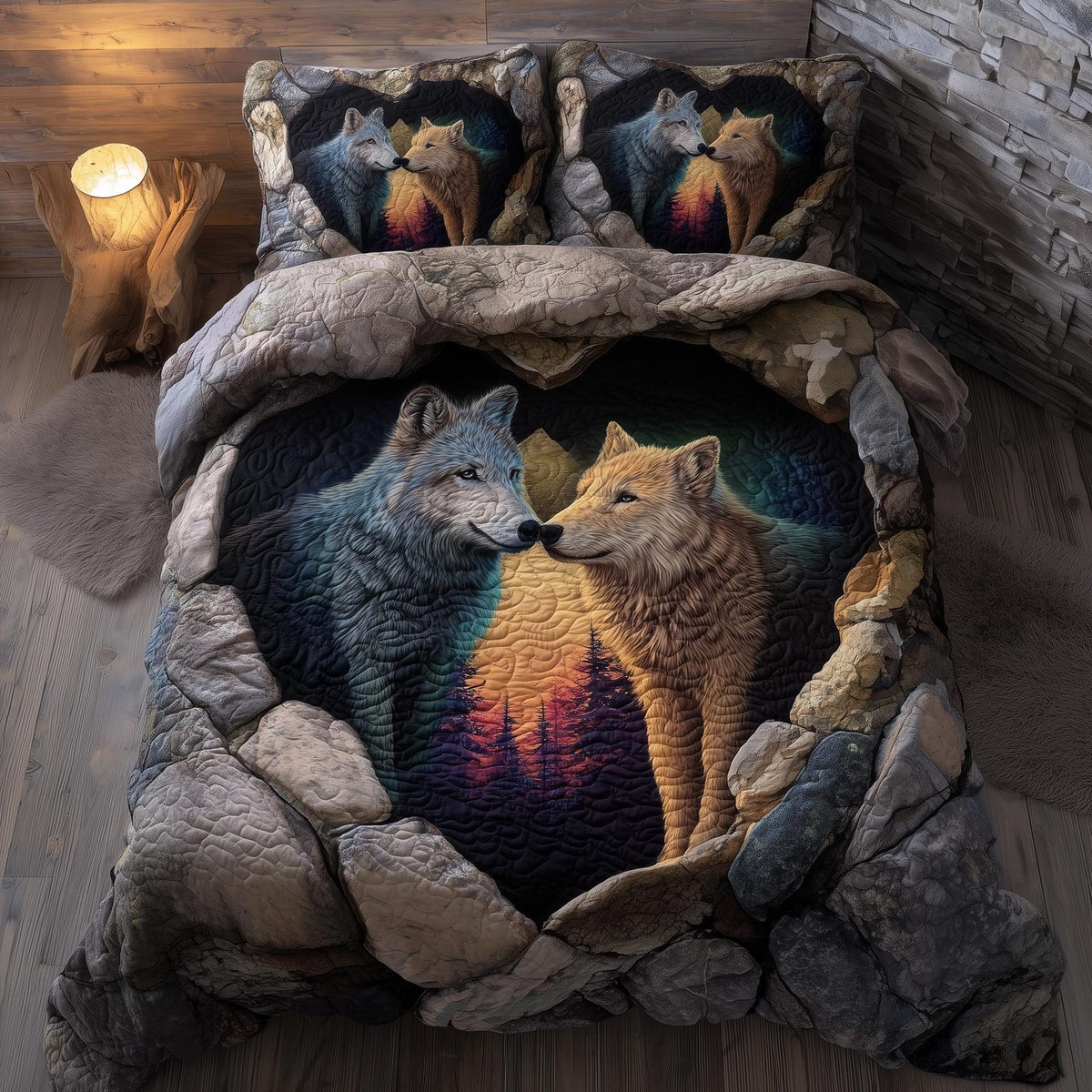 Moonbound Mates quilted 3-piece bedding set on a made bed with two matching pillow shams