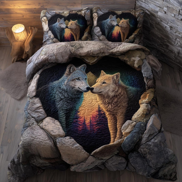 Moonbound Mates quilted 3-piece bedding set on a made bed with two matching pillow shams