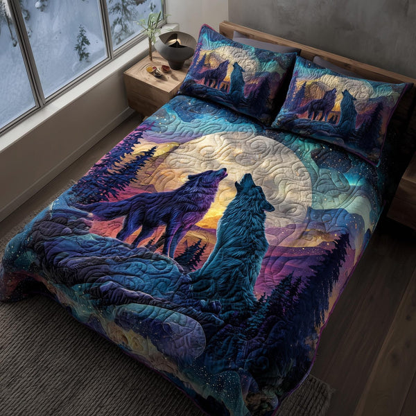 Moonbound Mates quilted 3-piece bedding set on a made bed with two matching pillow shams