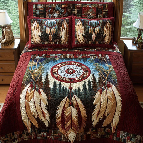 Mooncatcher quilted 3-piece bedding set on a made bed with two matching pillow shams