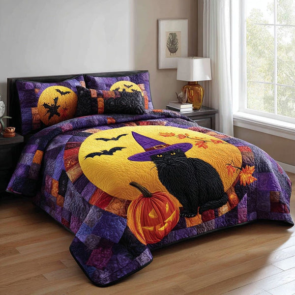 Moonlight Cat Path quilted 3-piece bedding set on a made bed with two matching pillow shams