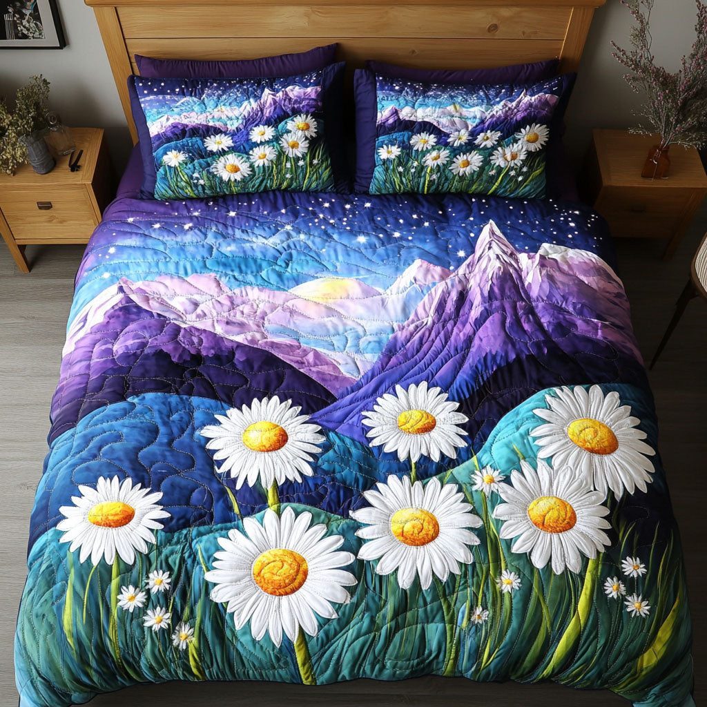 Moonlight Daisies quilted 3-piece bedding set on a made bed with two matching pillow shams