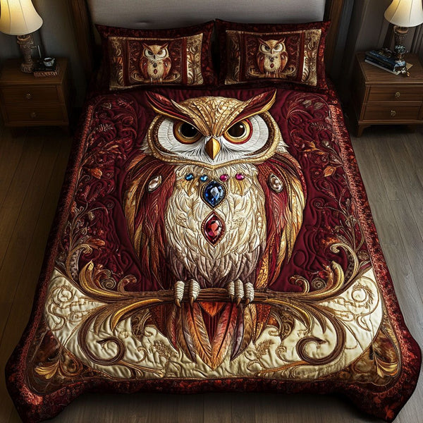 Moonlight Eyes quilted 3-piece bedding set on a made bed with two matching pillow shams