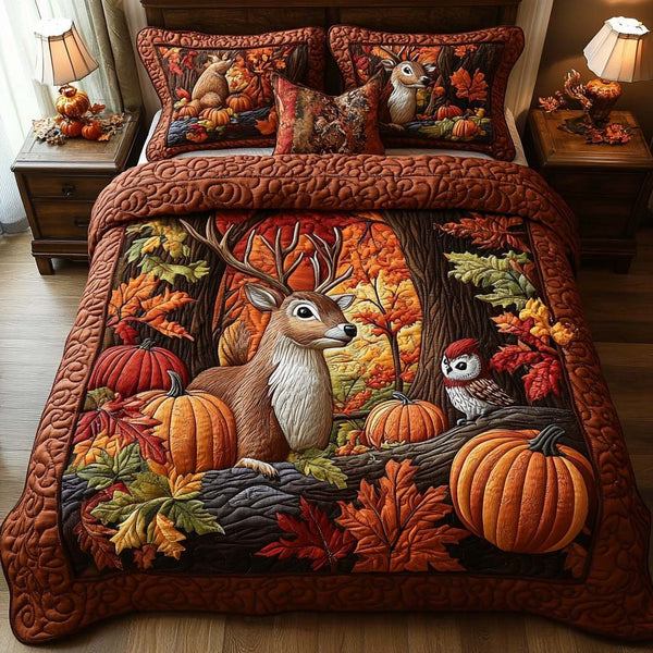 Moonlight Forest Walk quilted 3-piece bedding set on a made bed with two matching pillow shams