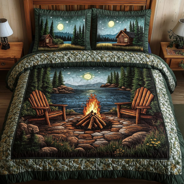 Moonlight Harmony quilted 3-piece bedding set on a made bed with two matching pillow shams