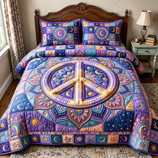 Moonlight Peace quilted 3-piece bedding set on a made bed with two matching pillow shams