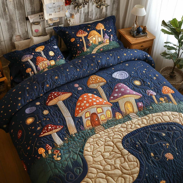 Moonlight Toadstool Town quilted 3-piece bedding set on a made bed with two matching pillow shams