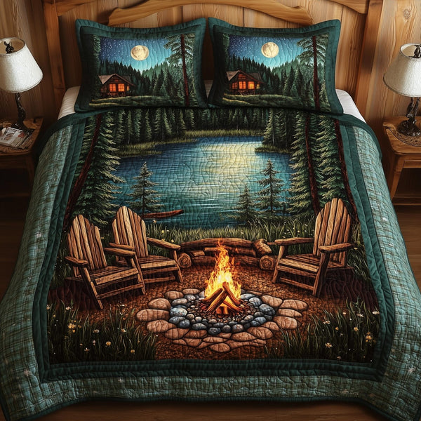 Moonlight Woods quilted 3-piece bedding set on a made bed with two matching pillow shams