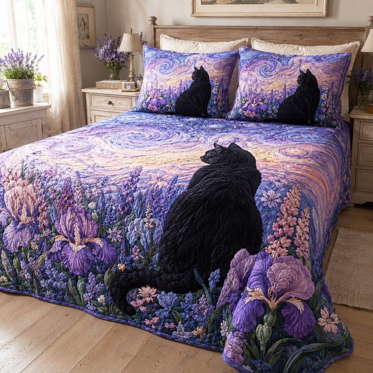Moonlit Blossom quilted 3-piece bedding set on a made bed with two matching pillow shams