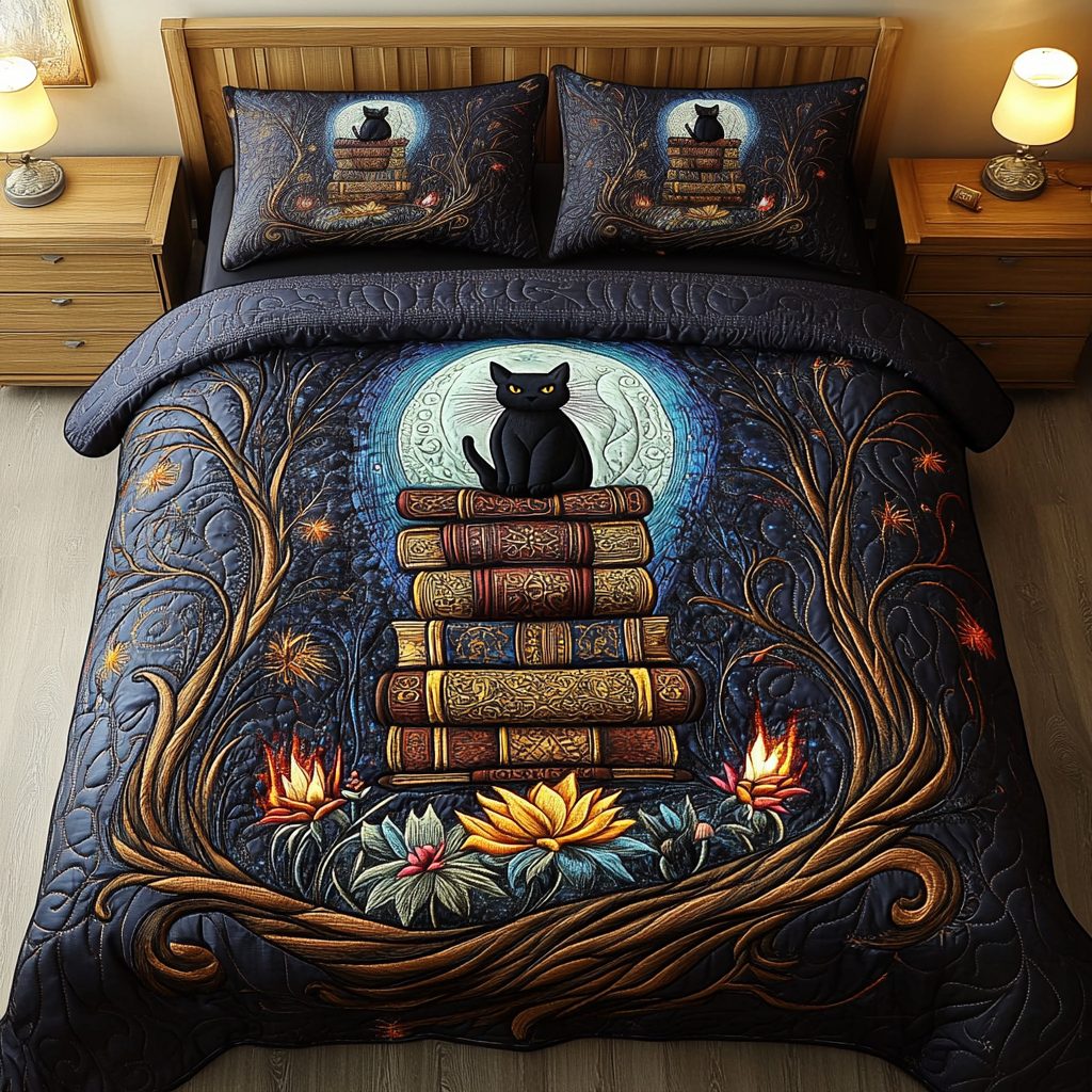 Moonlit Books quilted 3-piece bedding set on a made bed with two matching pillow shams