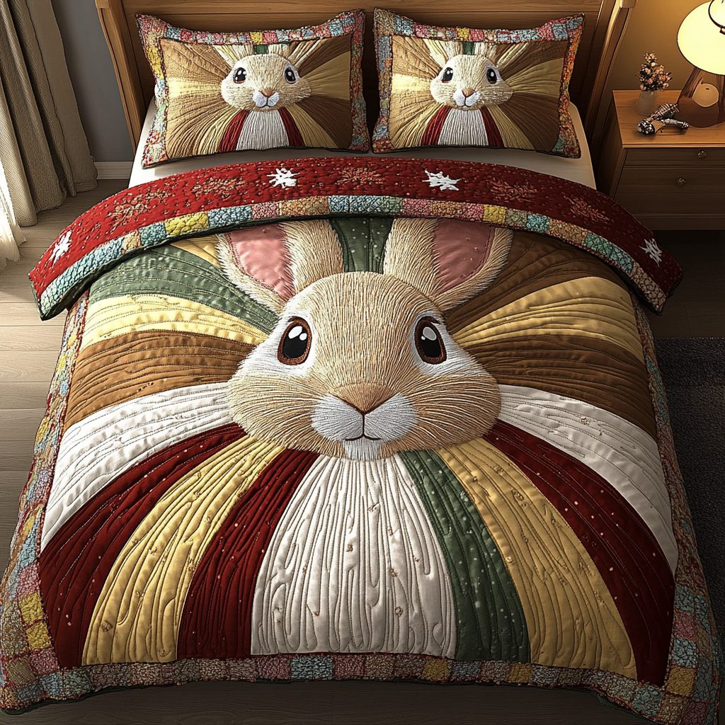 Moonlit Bunny quilted 3-piece bedding set on a made bed with two matching pillow shams