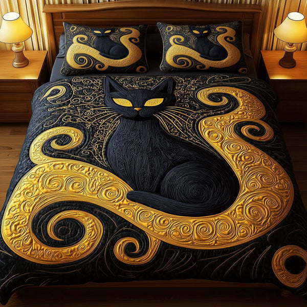 Moonlit Cat Haven quilted 3-piece bedding set on a made bed with two matching pillow shams