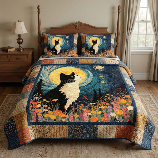 Moonlit Cat Meadow quilted 3-piece bedding set on a made bed with two matching pillow shams