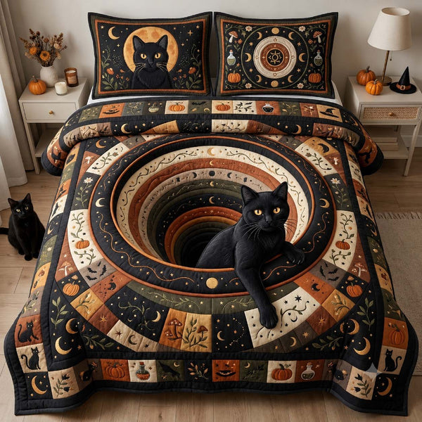 Moonlit Cat Well quilted 3-piece bedding set on a made bed with two matching pillow shams