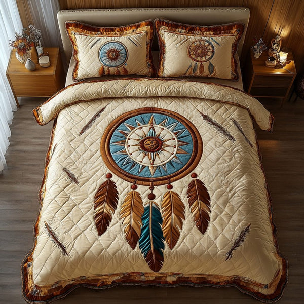 Moonlit Catcher quilted 3-piece bedding set on a made bed with two matching pillow shams