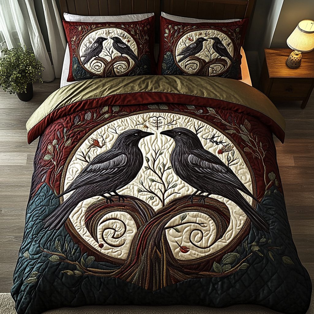 Moonlit Caw quilted 3-piece bedding set on a made bed with two matching pillow shams