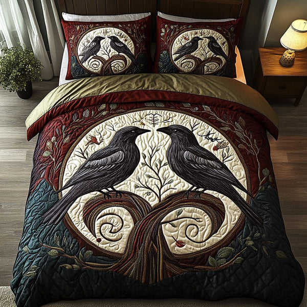 Moonlit Caw quilted 3-piece bedding set on a made bed with two matching pillow shams