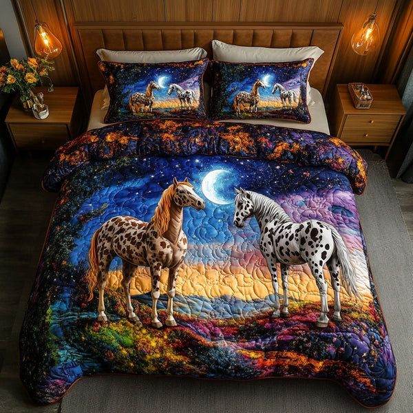 Moonlit Companions quilted 3-piece bedding set on a made bed with two matching pillow shams