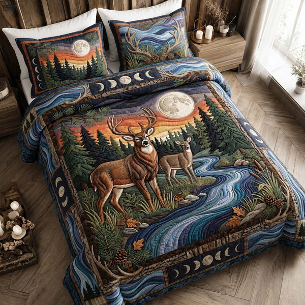 Moonlit Creek quilted 3-piece bedding set on a made bed with two matching pillow shams